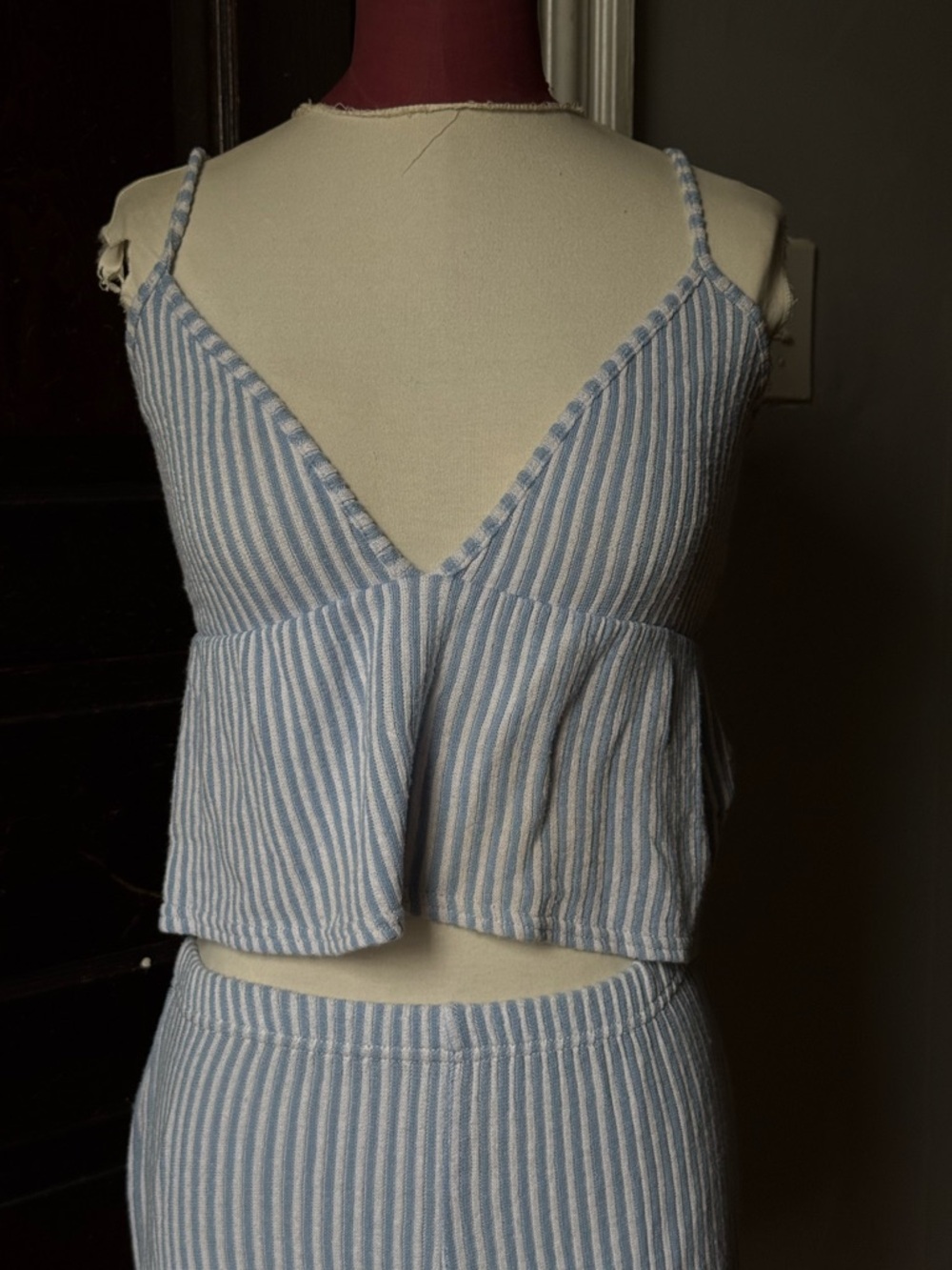 Blue & White Striped Cropped Tank Top and Shorts Set